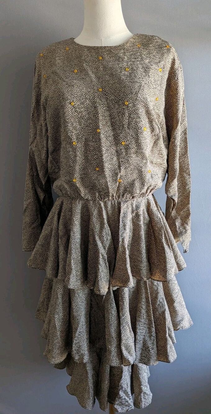 Vintage Raul Blanco Silk Dress Animal Print Leopard Tiered Ruffle Beaded M/L